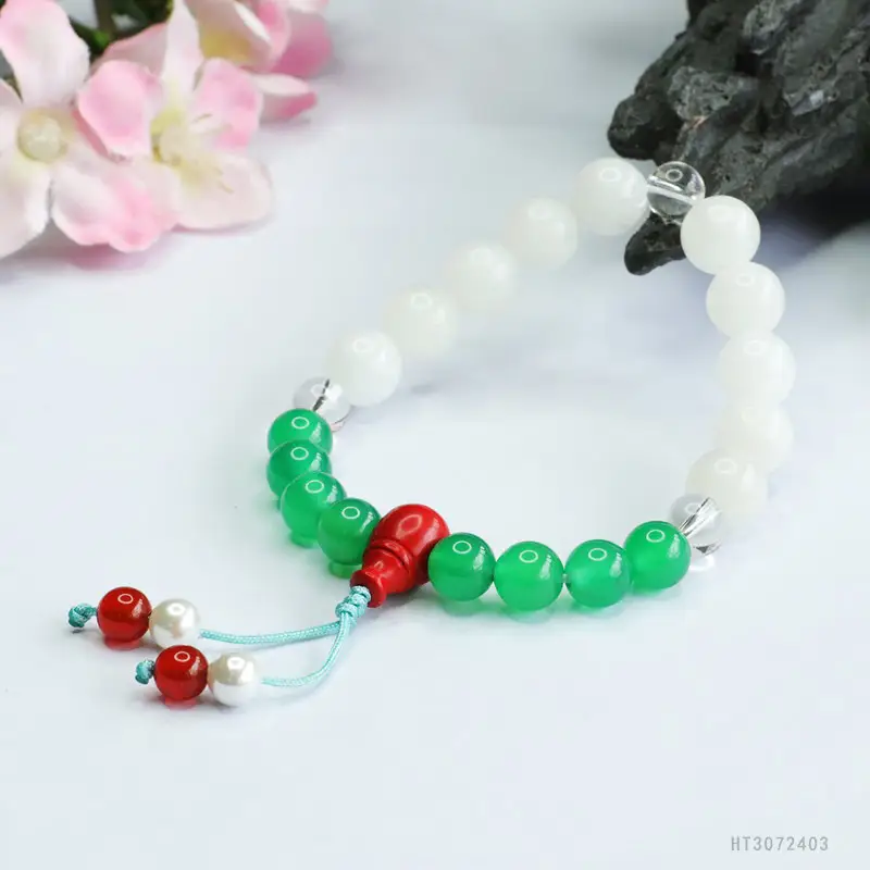 Guan Yu Jade Bracelet with 18 Green & Red Seeds - Image 5