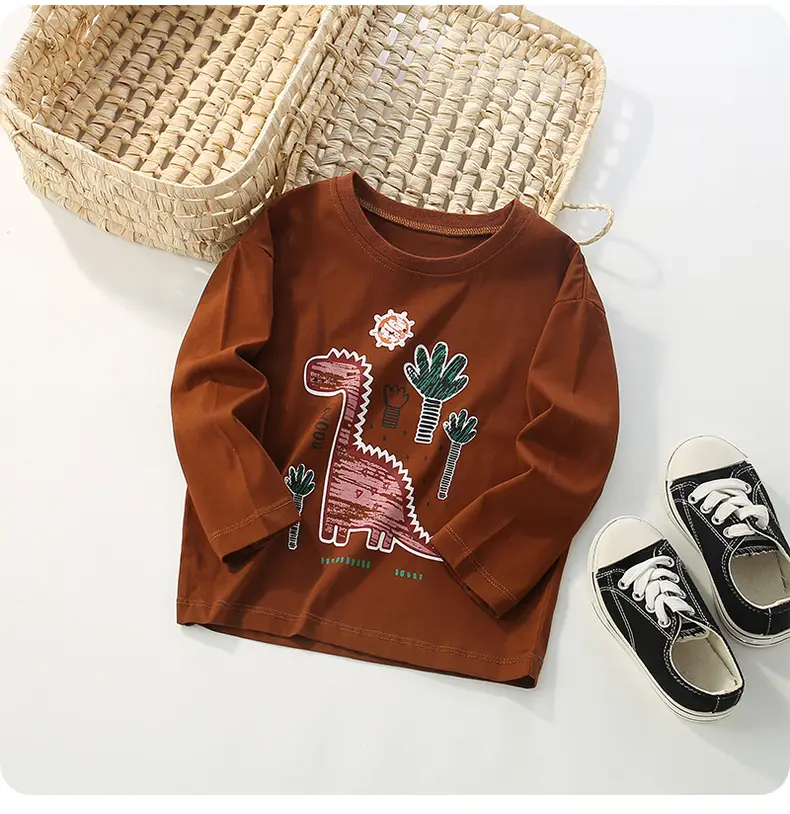 Boys Long Sleeve T-Shirt Dinosaur Print Pure Cotton Brown — feature 2