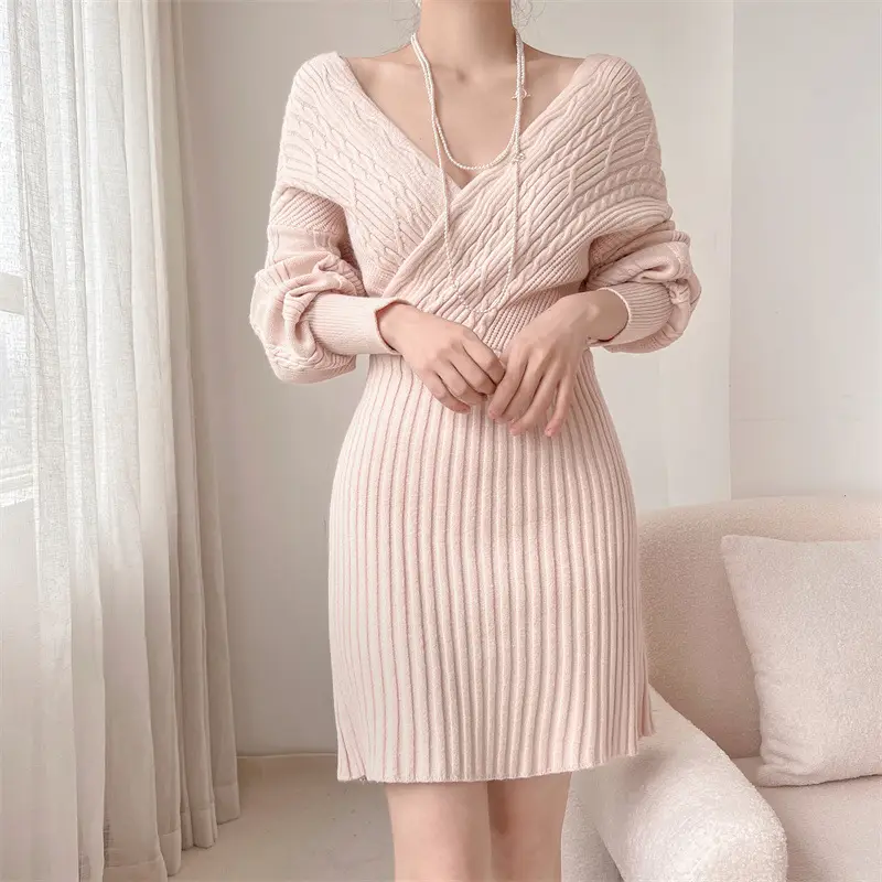 Japanese Style Sexy V Neck Knitted Dress 2025 Autumn and Winter New Bat Sleeve Twist Pure Color Sweater Women's Hip Skirt - Image 7