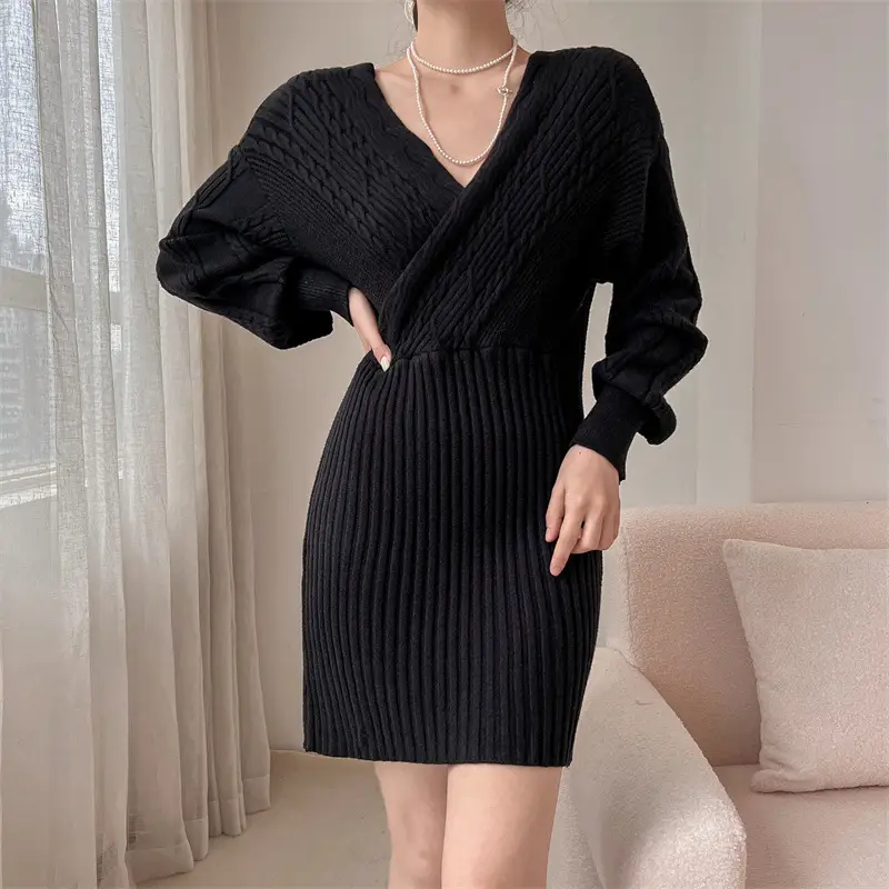 Japanese Style Sexy V Neck Knitted Dress 2025 Autumn and Winter New Bat Sleeve Twist Pure Color Sweater Women's Hip Skirt - Image 8