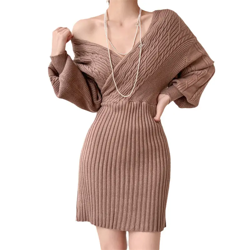 Japanese Style Sexy V Neck Knitted Dress 2025 Autumn and Winter New Bat Sleeve Twist Pure Color Sweater Women's Hip Skirt - Image 9