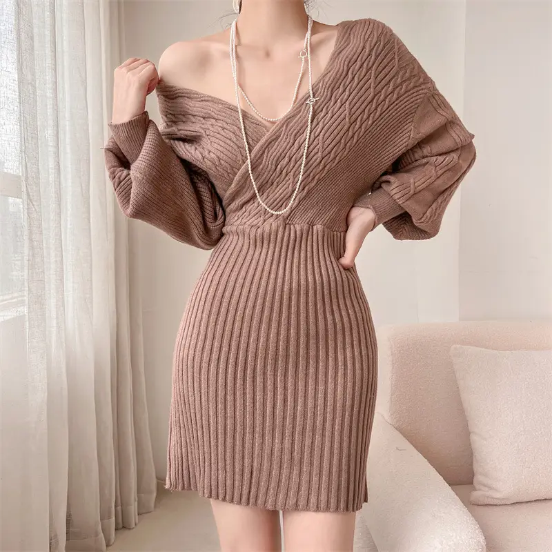 Japanese Style Sexy V Neck Knitted Dress 2025 Autumn and Winter New Bat Sleeve Twist Pure Color Sweater Women's Hip Skirt - Image 2