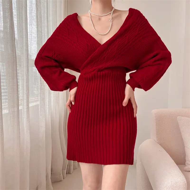 Japanese Style Sexy V Neck Knitted Dress 2025 Autumn and Winter New Bat Sleeve Twist Pure Color Sweater Women's Hip Skirt - Image 3