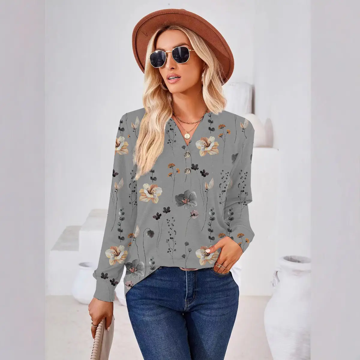 2023 Printed V Neck Long Sleeve Women's Shirt - Image 7