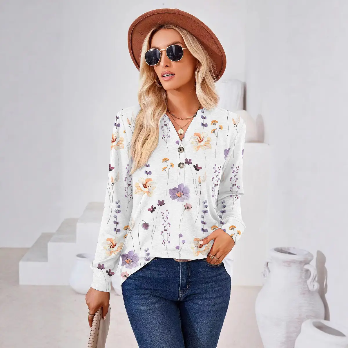 2023 Printed V Neck Long Sleeve Women's Shirt - Image 8