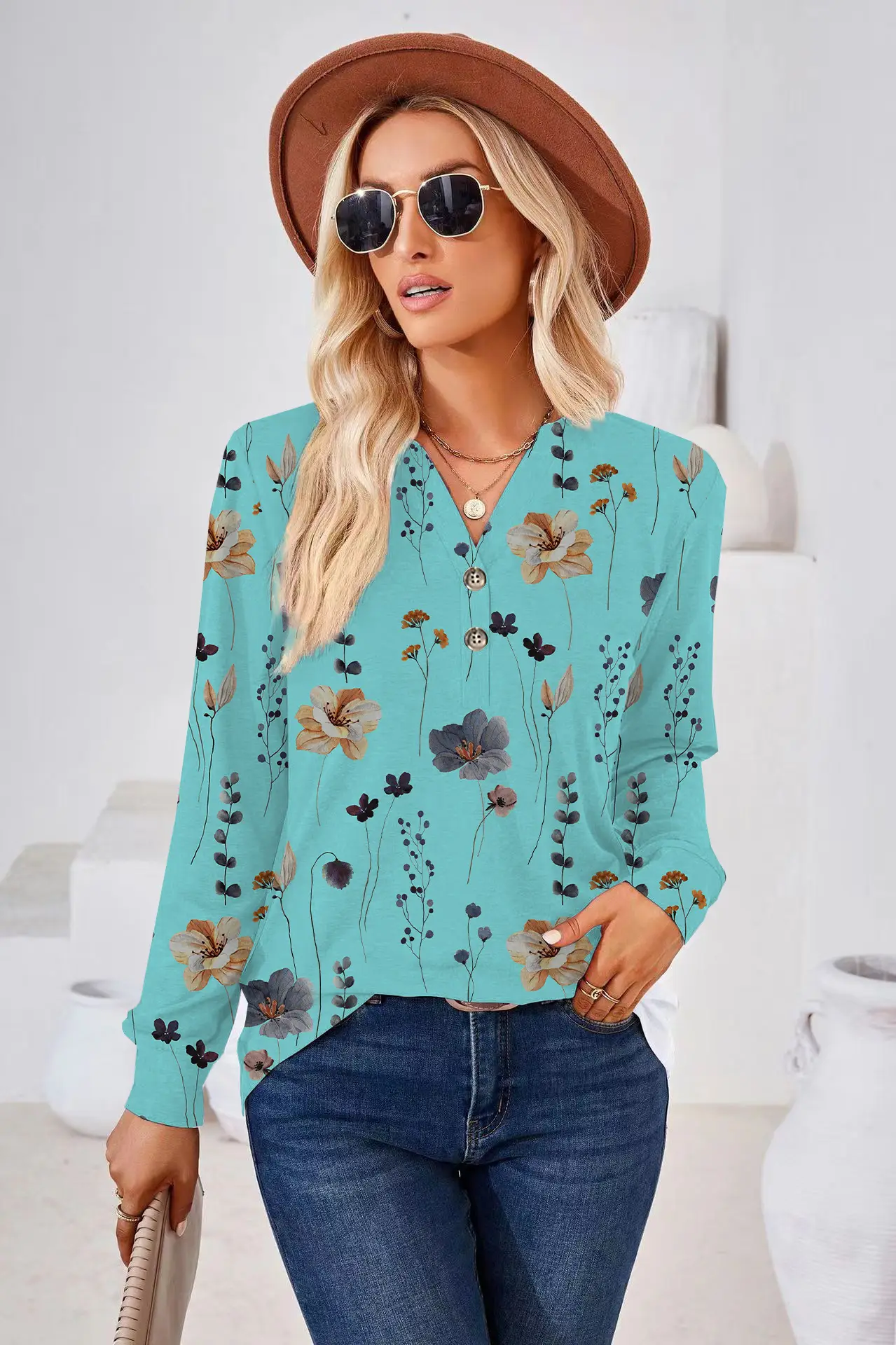 2023 Printed V Neck Long Sleeve Women's Shirt - Image 4