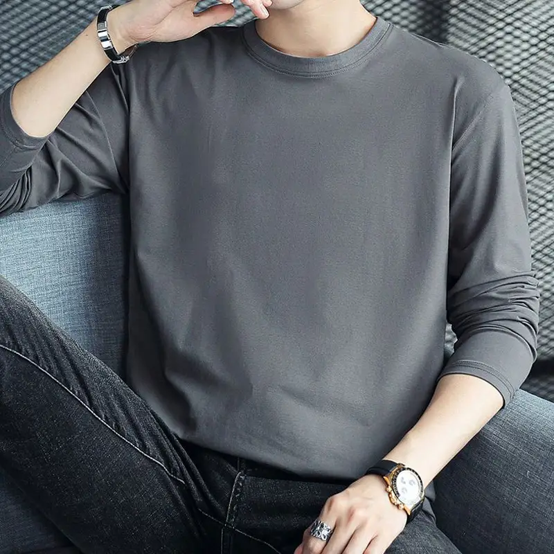 Men's Black Long Sleeve T-Shirt Round Neck Large - Image 4