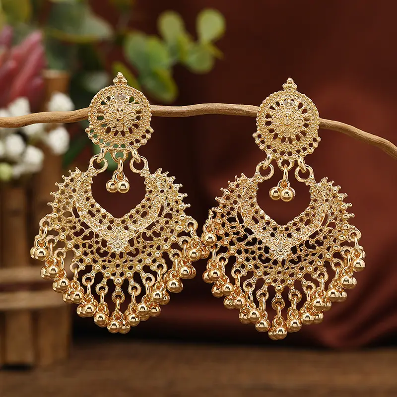 Cross-Border Vintage Bohemian Ethnic Style Earrings for Women, Elegant Hollow Heart-Shaped Studs, Long Bell-Shaped Indian Accessories