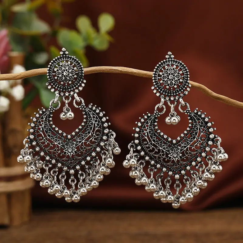 Cross-Border Vintage Bohemian Ethnic Style Earrings for Women, Elegant Hollow Heart-Shaped Studs, Long Bell-Shaped Indian Accessories