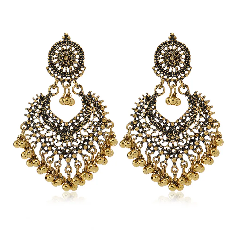 Cross-Border Vintage Bohemian Ethnic Style Earrings for Women, Elegant Hollow Heart-Shaped Studs, Long Bell-Shaped Indian Accessories