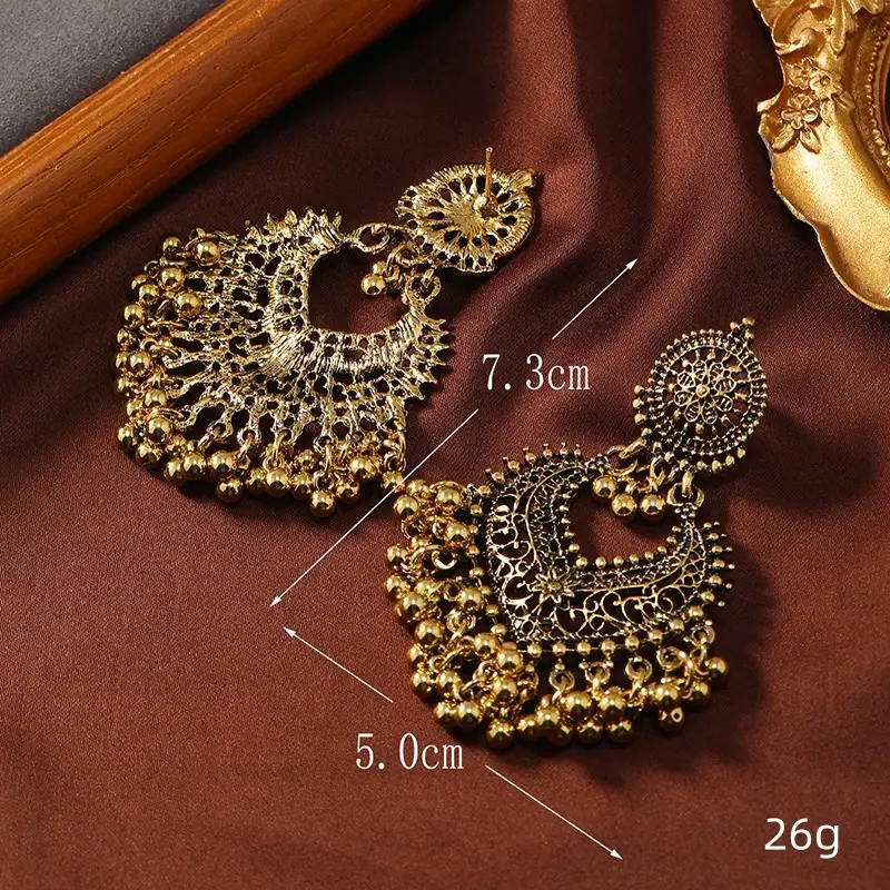 Cross-Border Vintage Bohemian Ethnic Style Earrings for Women, Elegant Hollow Heart-Shaped Studs, Long Bell-Shaped Indian Accessories — feature 2