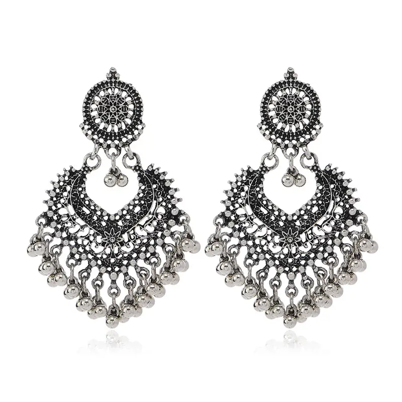 Cross-Border Vintage Bohemian Ethnic Style Earrings for Women, Elegant Hollow Heart-Shaped Studs, Long Bell-Shaped Indian Accessories