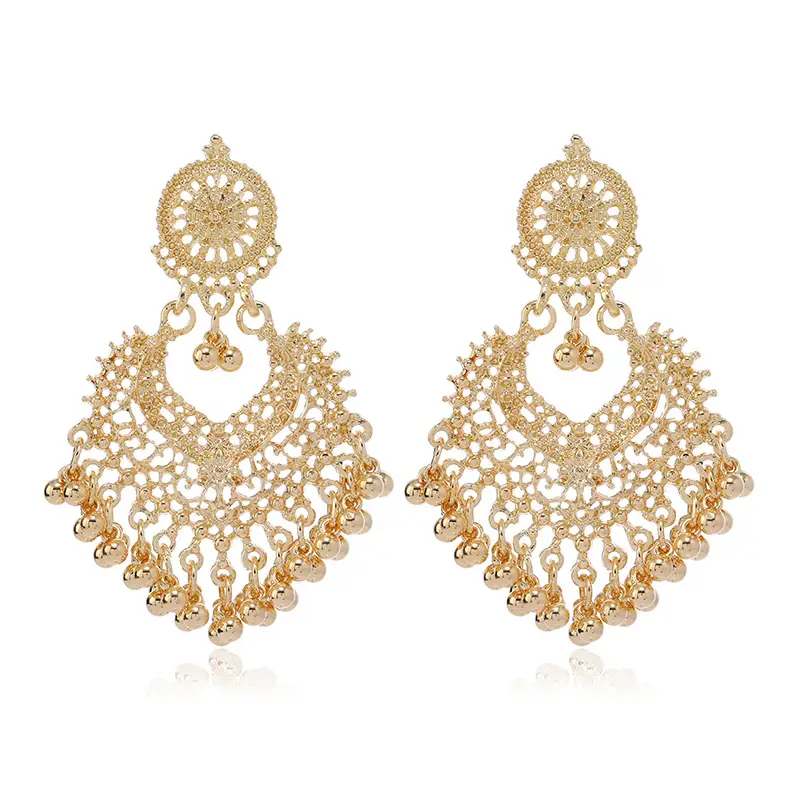 Cross-Border Vintage Bohemian Ethnic Style Earrings for Women, Elegant Hollow Heart-Shaped Studs, Long Bell-Shaped Indian Accessories