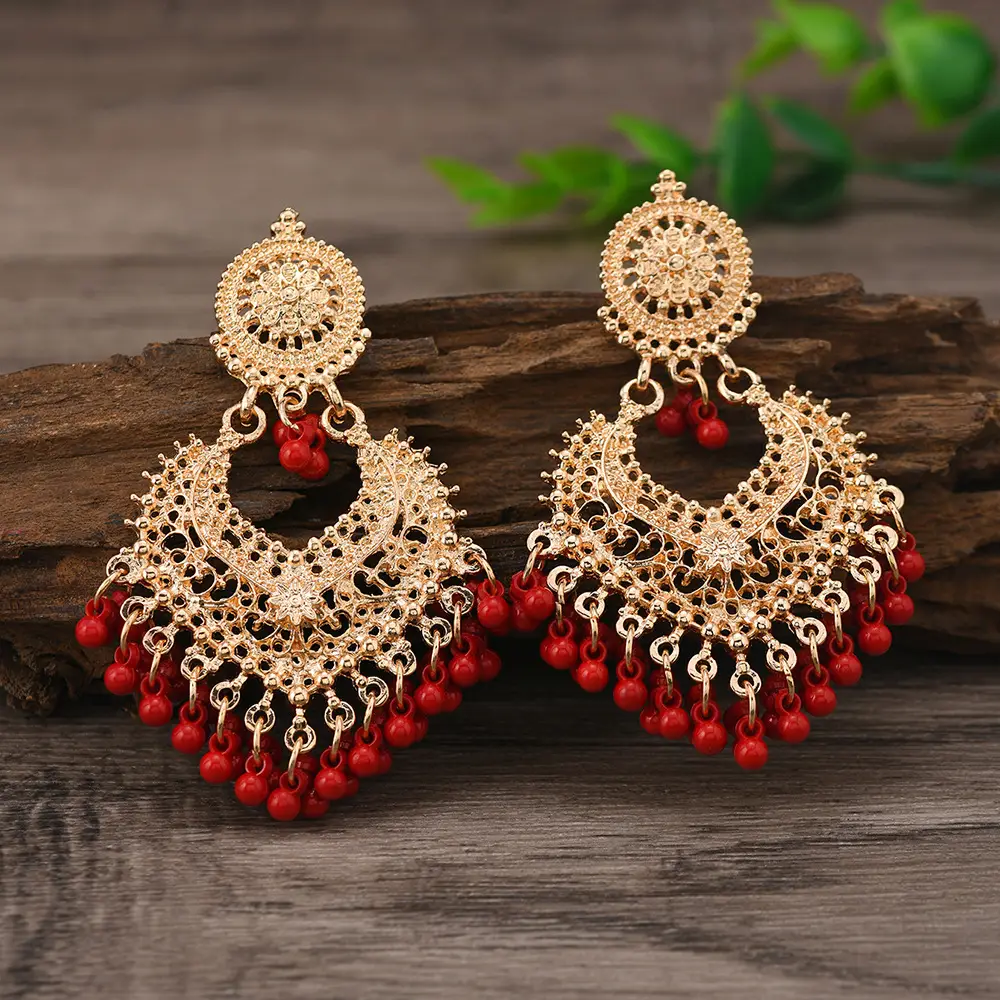Cross-Border Vintage Bohemian Ethnic Style Earrings for Women, Elegant Hollow Heart-Shaped Studs, Long Bell-Shaped Indian Accessories