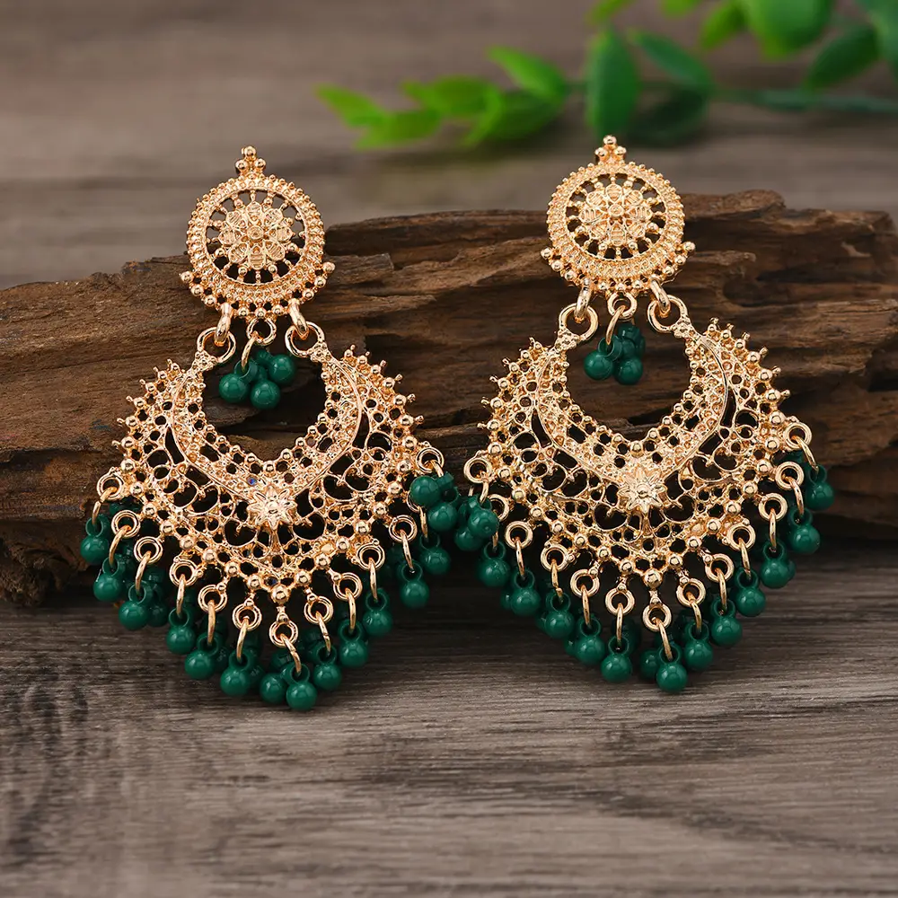 Cross-Border Vintage Bohemian Ethnic Style Earrings for Women, Elegant Hollow Heart-Shaped Studs, Long Bell-Shaped Indian Accessories