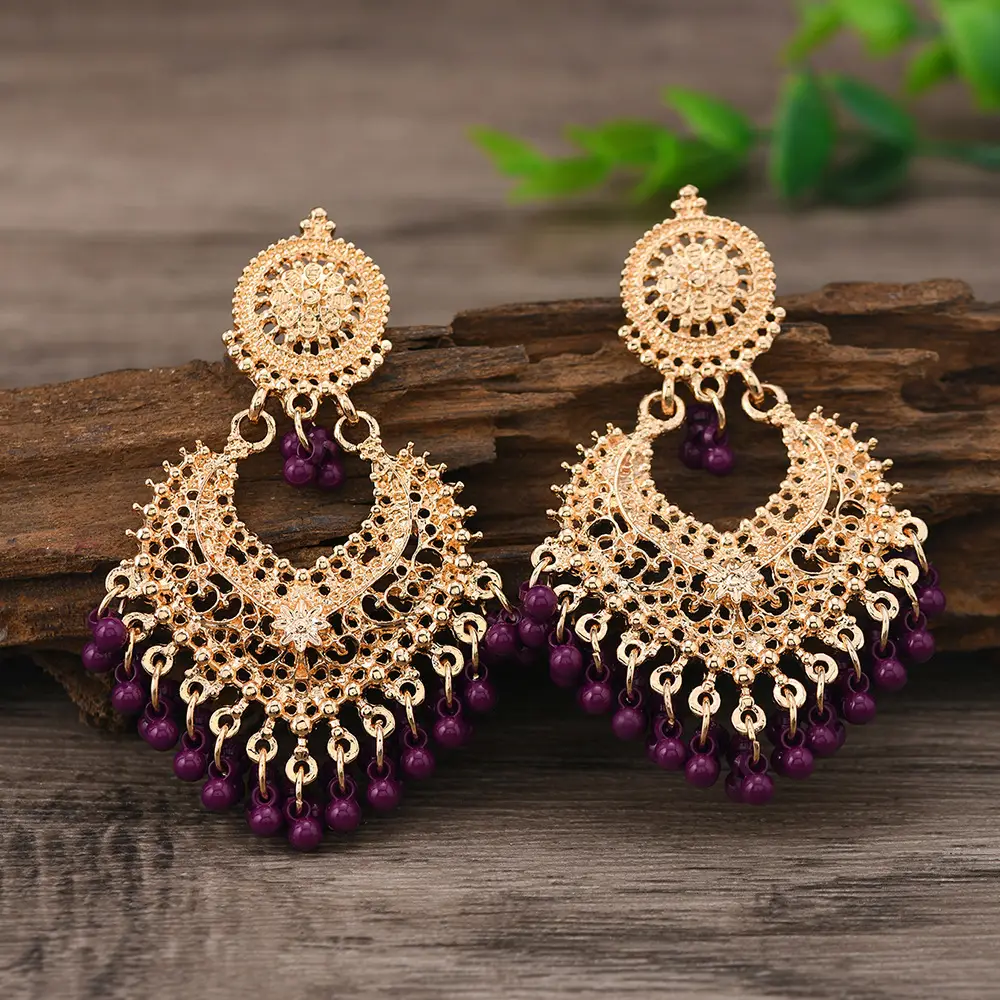 Cross-Border Vintage Bohemian Ethnic Style Earrings for Women, Elegant Hollow Heart-Shaped Studs, Long Bell-Shaped Indian Accessories