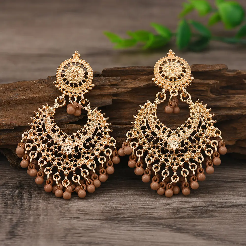 Cross-Border Vintage Bohemian Ethnic Style Earrings for Women, Elegant Hollow Heart-Shaped Studs, Long Bell-Shaped Indian Accessories