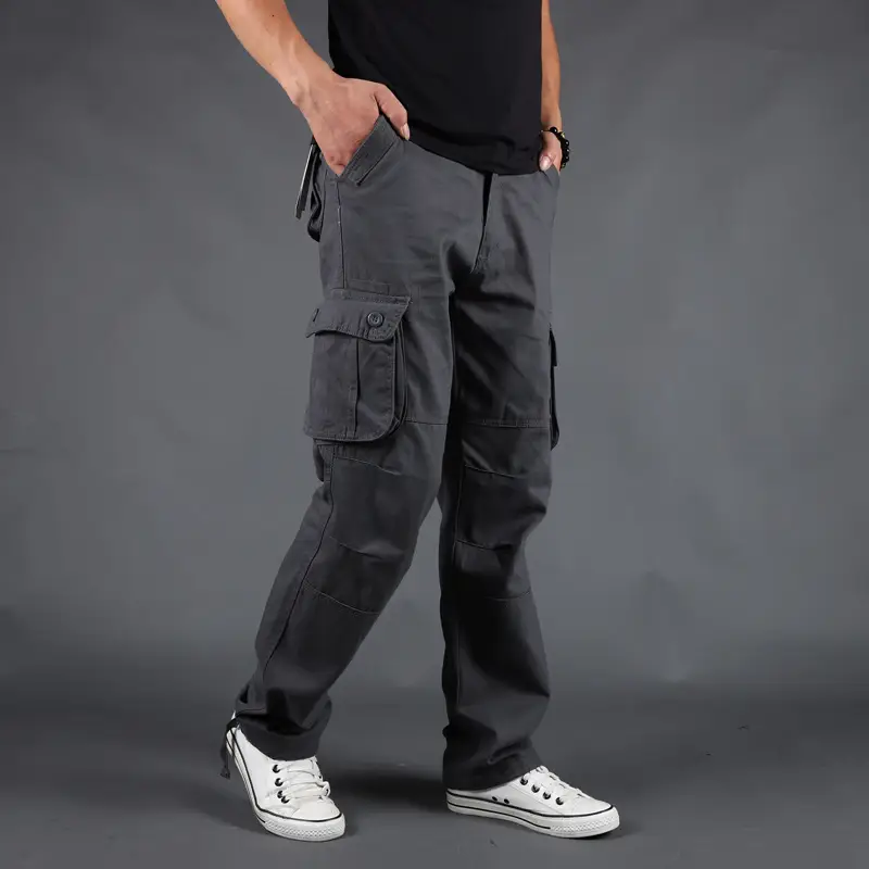 Grey Multi-Pocket Cargo Pants for Men, Loose Fit, 6PcPants, Casual Winter - Image 2