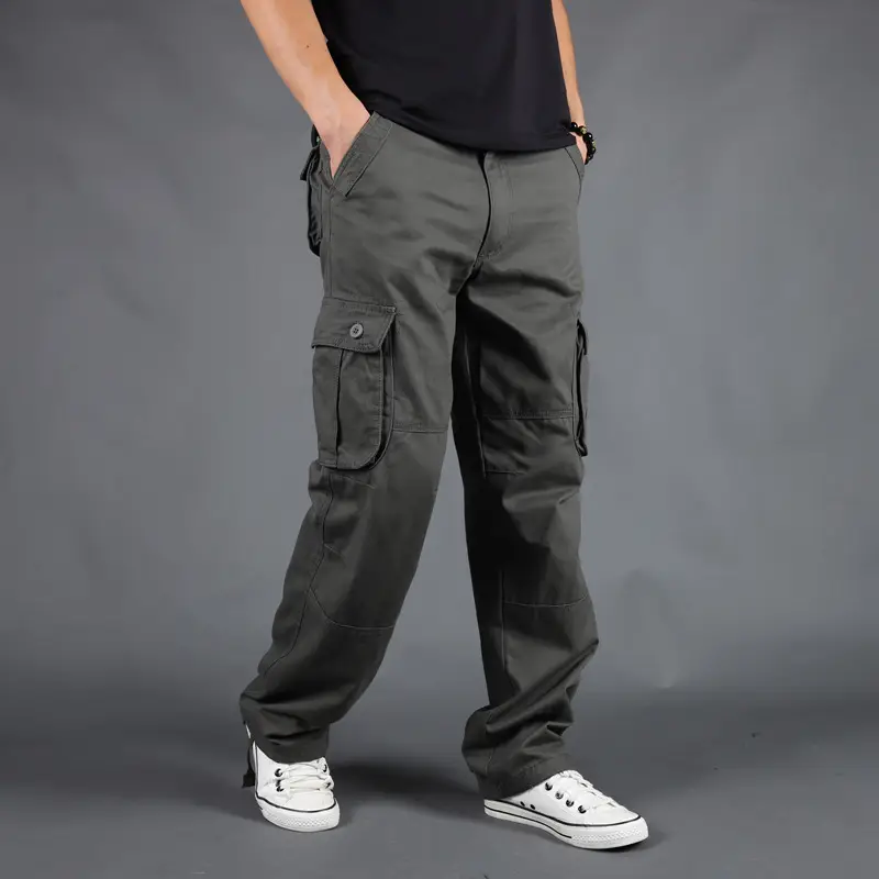 Grey Multi-Pocket Cargo Pants for Men, Loose Fit, 6PcPants, Casual Winter - Image 3