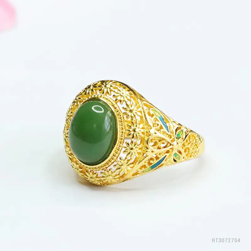 Guan Yu Jade Ring Green Emerald Vintage Gold - Image 3