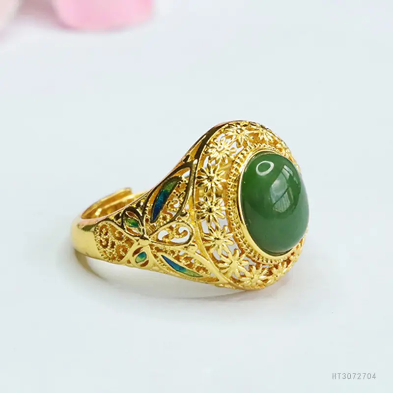Guan Yu Jade Ring Green Emerald Vintage Gold - Image 4
