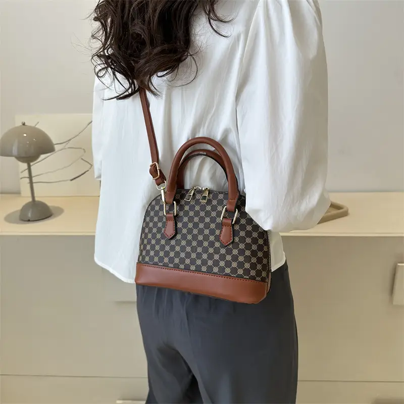 Women's Printed Shell Shoulder Bag Brown Checkered 2023 - Image 5