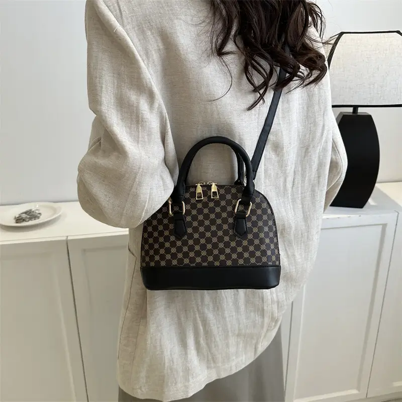 Women's Printed Shell Shoulder Bag Brown Checkered 2023 - Image 6
