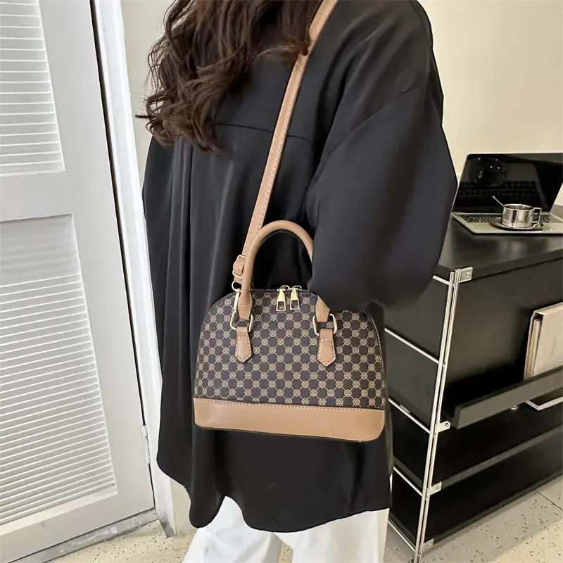 Women's Printed Shell Shoulder Bag Brown Checkered 2023 - Image 7