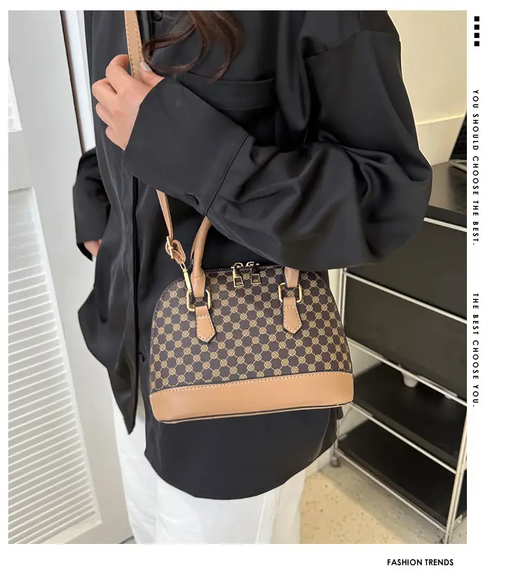 Women's Printed Shell Shoulder Bag Brown Checkered 2023 — feature 1