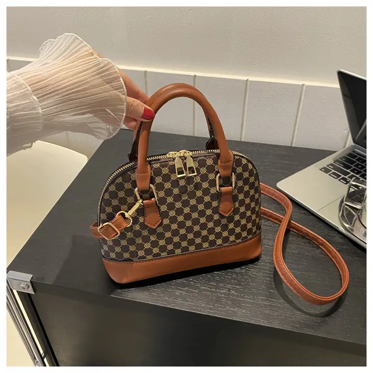 Women's Printed Shell Shoulder Bag Brown Checkered 2023 — feature 10