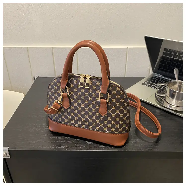 Women's Printed Shell Shoulder Bag Brown Checkered 2023 — feature 11