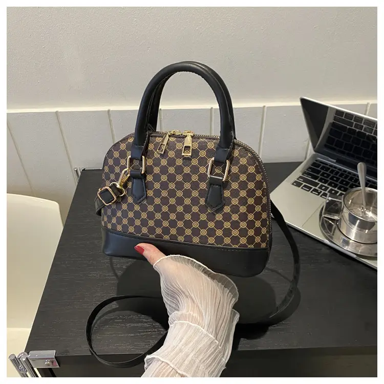 Women's Printed Shell Shoulder Bag Brown Checkered 2023 — feature 12