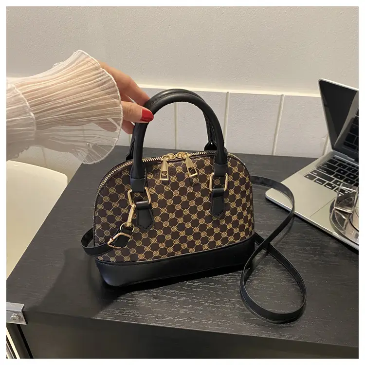 Women's Printed Shell Shoulder Bag Brown Checkered 2023 — feature 14