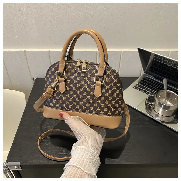 Women's Printed Shell Shoulder Bag Brown Checkered 2023 — feature 15