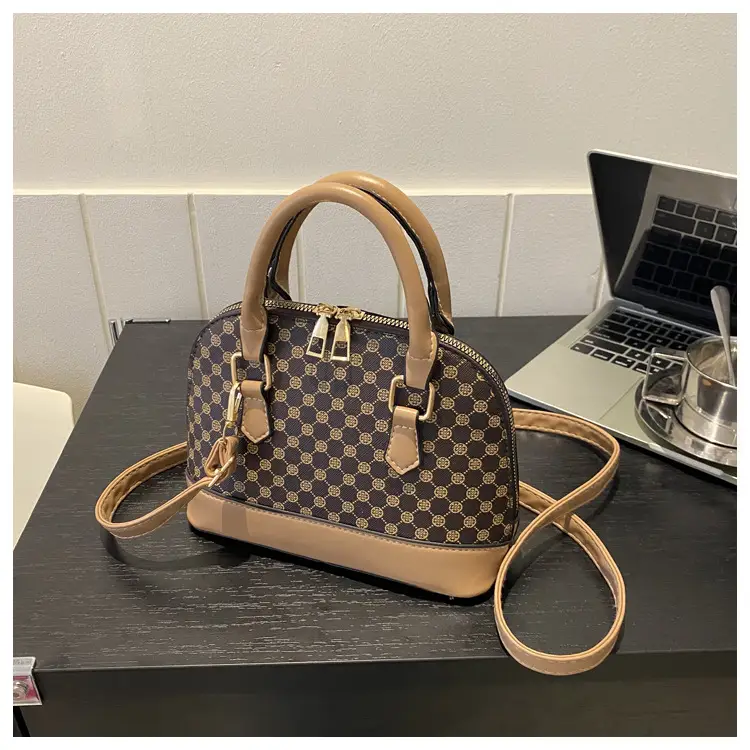 Women's Printed Shell Shoulder Bag Brown Checkered 2023 — feature 16