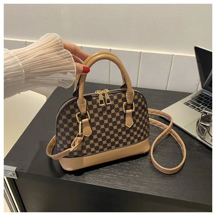 Women's Printed Shell Shoulder Bag Brown Checkered 2023 — feature 17