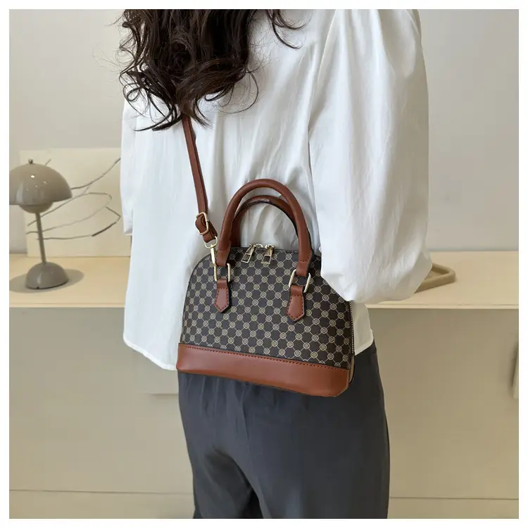 Women's Printed Shell Shoulder Bag Brown Checkered 2023 — feature 18