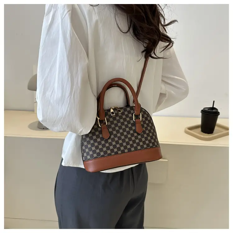Women's Printed Shell Shoulder Bag Brown Checkered 2023 — feature 19