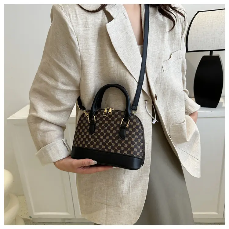 Women's Printed Shell Shoulder Bag Brown Checkered 2023 — feature 20