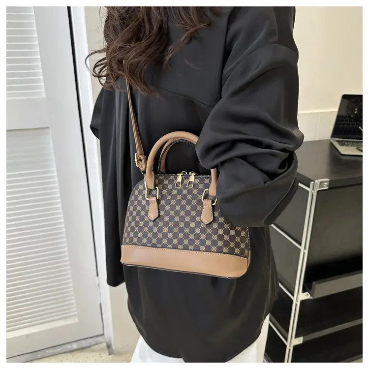 Women's Printed Shell Shoulder Bag Brown Checkered 2023 — feature 22