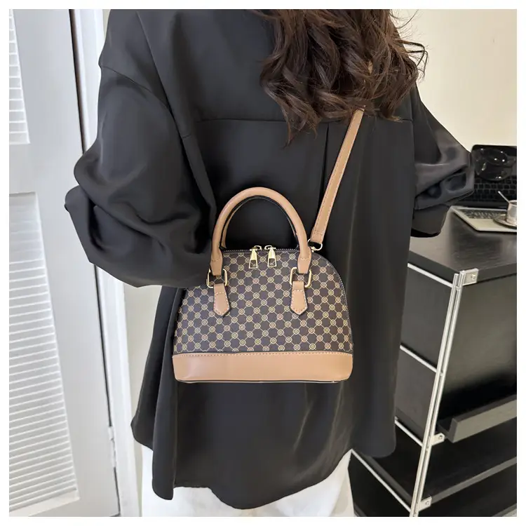 Women's Printed Shell Shoulder Bag Brown Checkered 2023 — feature 23