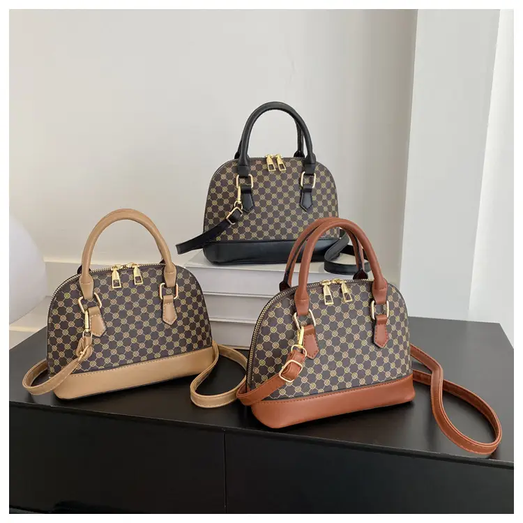 Women's Printed Shell Shoulder Bag Brown Checkered 2023 — feature 24