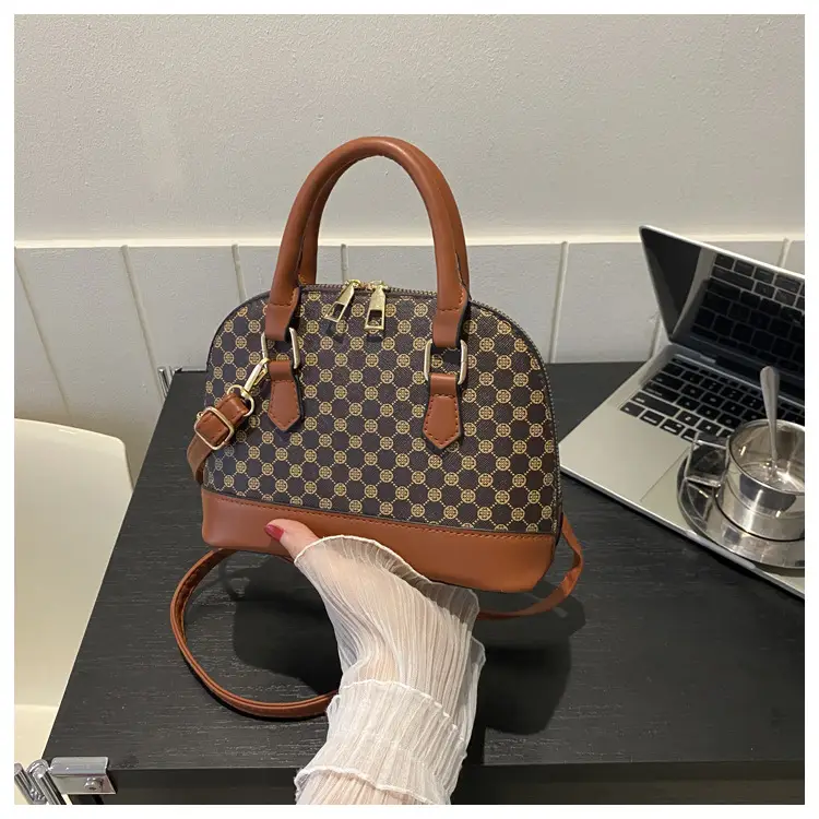 Women's Printed Shell Shoulder Bag Brown Checkered 2023 — feature 9