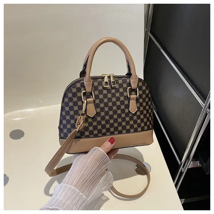 Women's Printed Shell Shoulder Bag Brown Checkered 2023 - Image 2