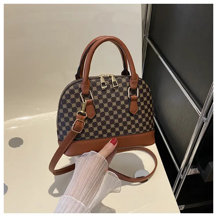 Women's Printed Shell Shoulder Bag Brown Checkered 2023 - Image 3