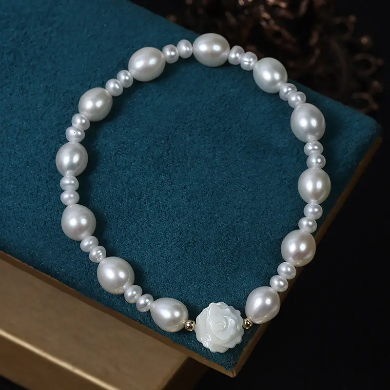 White Rose Fritillaria Pearl Bracelet Luxury Stretch - Image 3