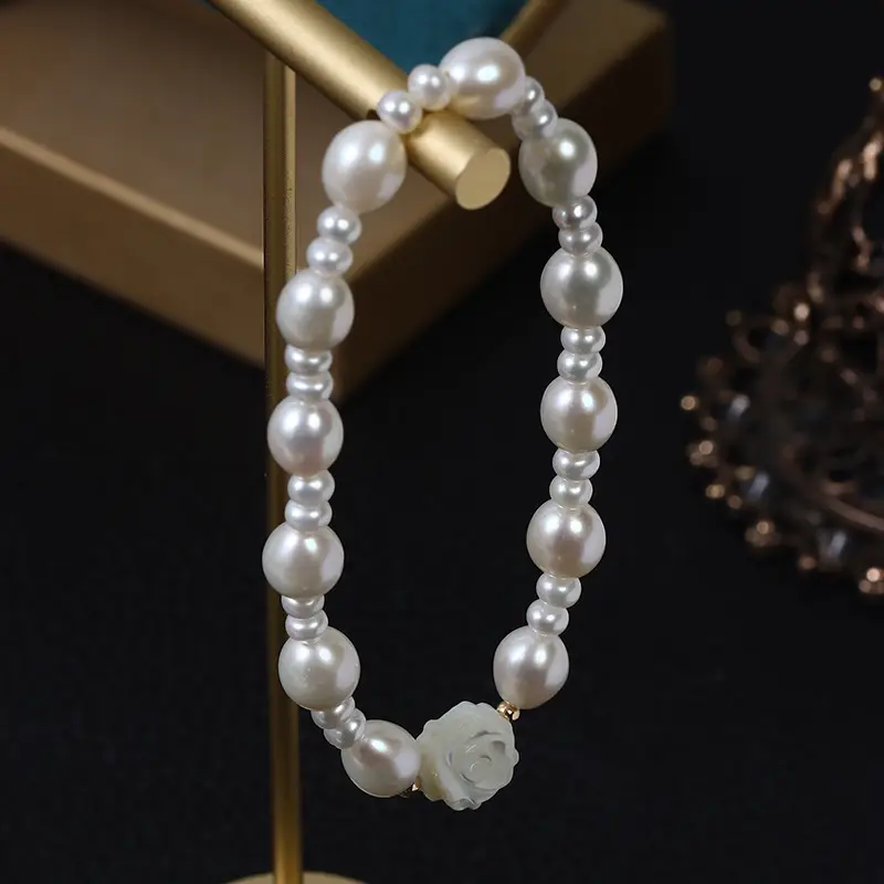 White Rose Fritillaria Pearl Bracelet Luxury Stretch - Image 4