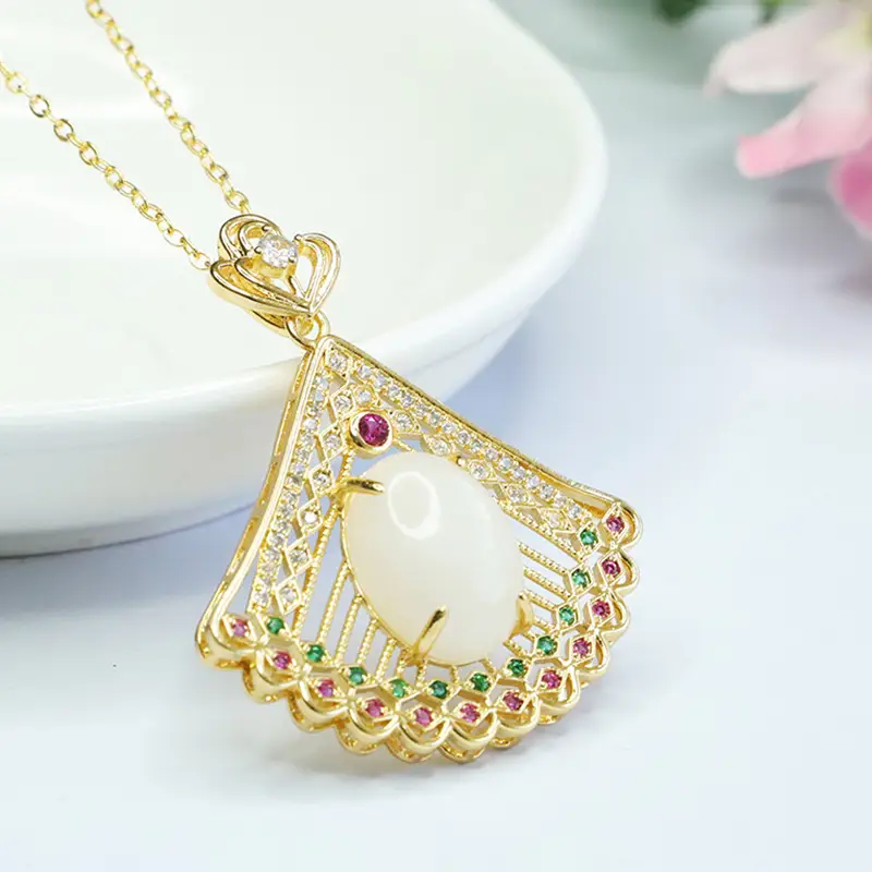 Guan Yu White Jade Peacock Pendant Necklace - Image 4