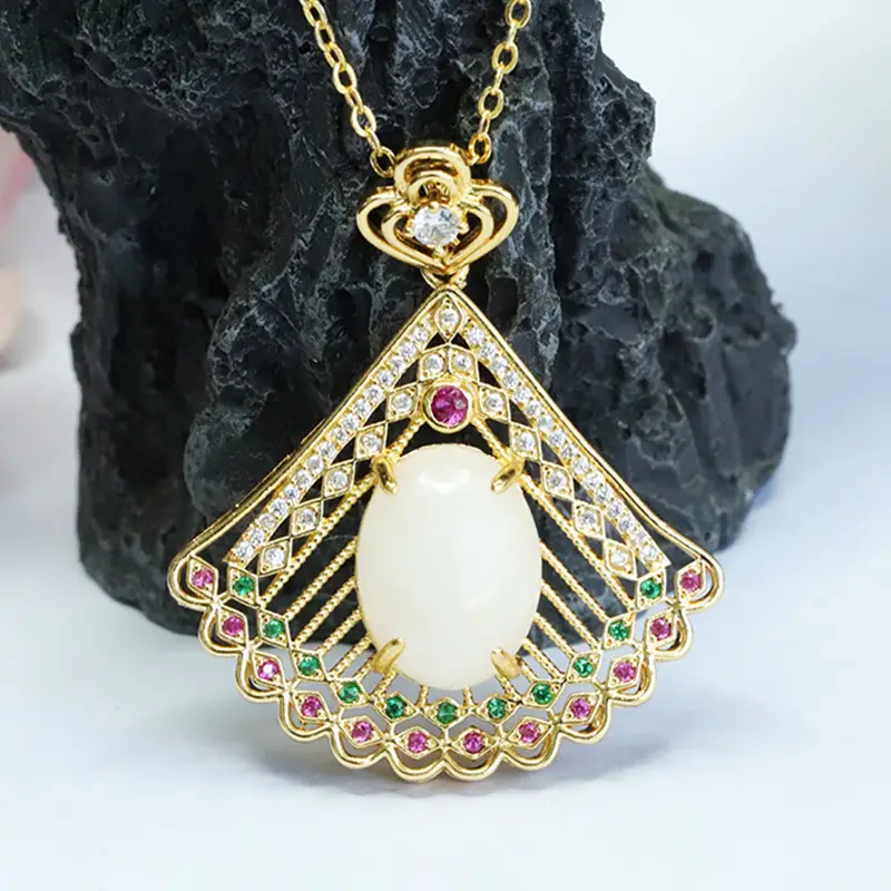 Guan Yu White Jade Peacock Pendant Necklace — feature 8