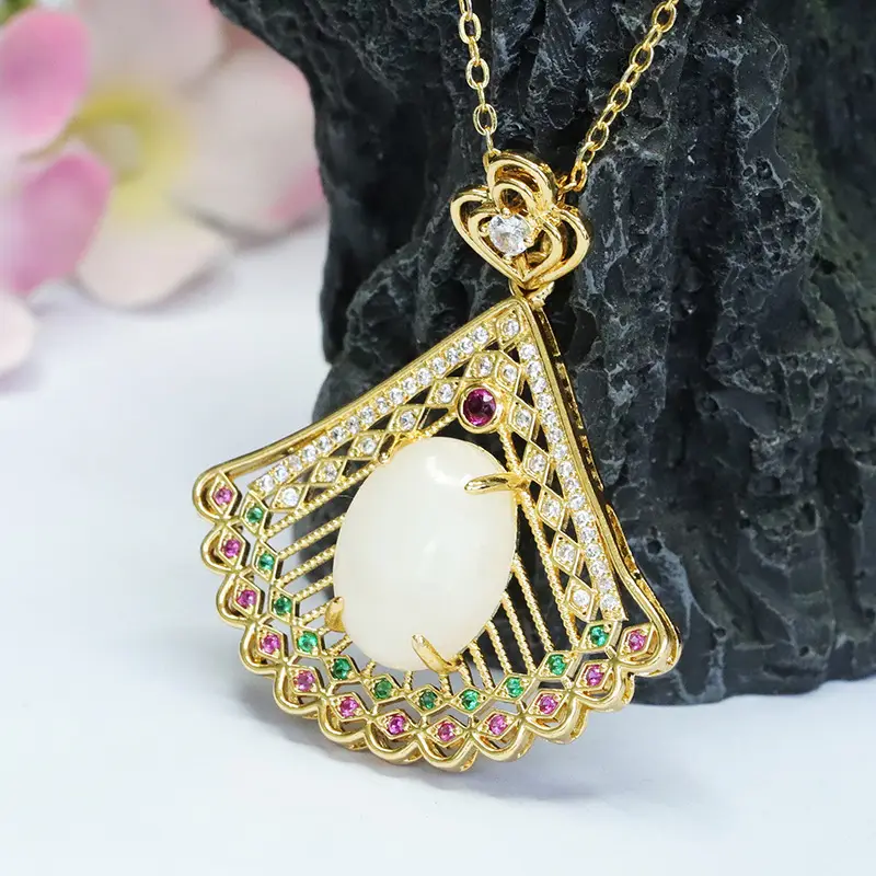 Guan Yu White Jade Peacock Pendant Necklace — feature 9